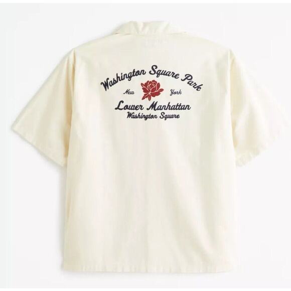 Abercrombie & Fitch Men's Cream Size M Camp Collar Workwear Embroidered Shirt - Picture 8 of 16